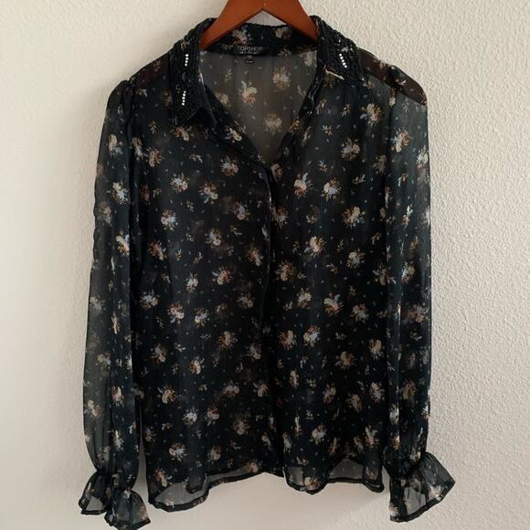 TOPSHOP Beaded Floral Ruffle Cuff Blouse | 6 - Picture 1 of 10